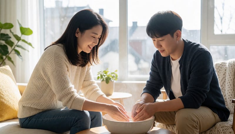 따뜻한 물에 손을 담그고 있는 여성