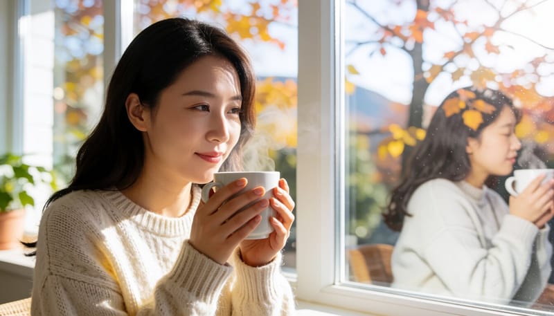 따뜻한 차를 손으로 감싸 쥐고 있는 모습