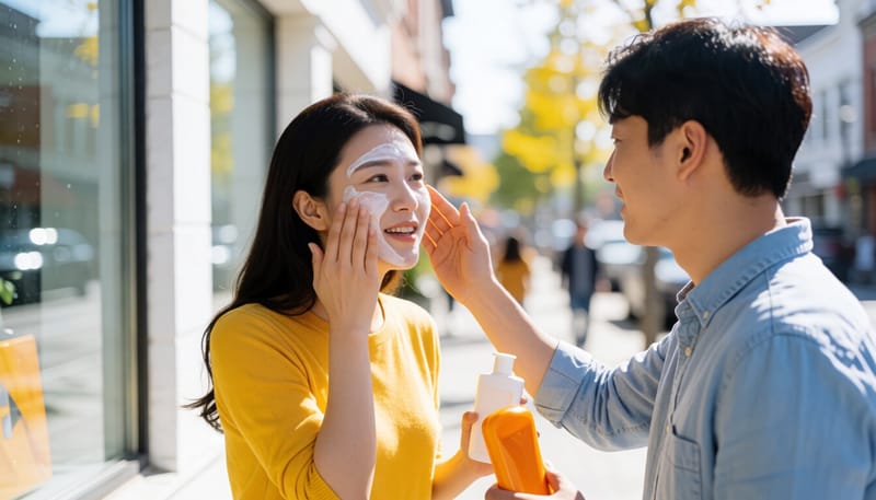 외출 전 자외선 차단제를 바르는 여성