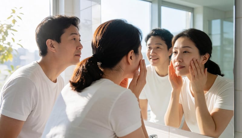 거울 앞에서 얼굴 피부의 기미 부위를 살펴보는 여성