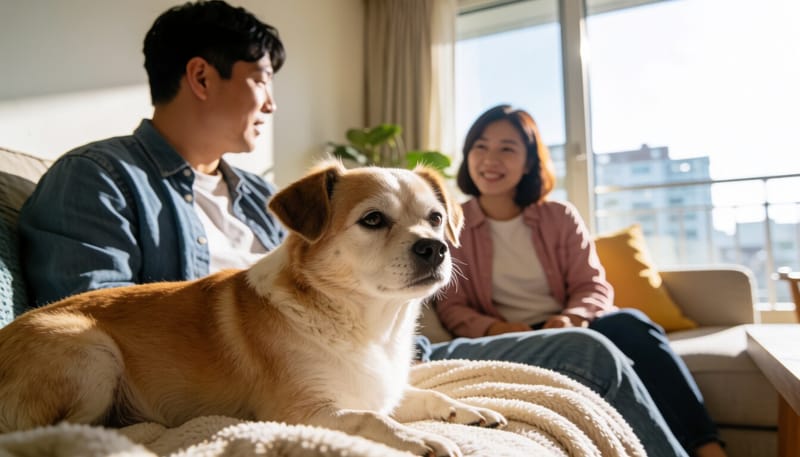 집에서 힘겹게 숨을 쉬는 노령 반려견의 모습