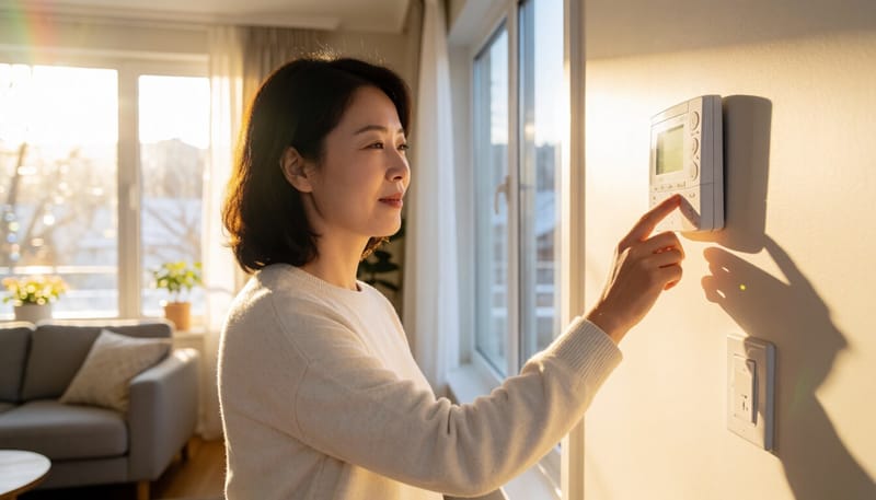 거실에서 온도조절기를 조정하는 여성의 모습