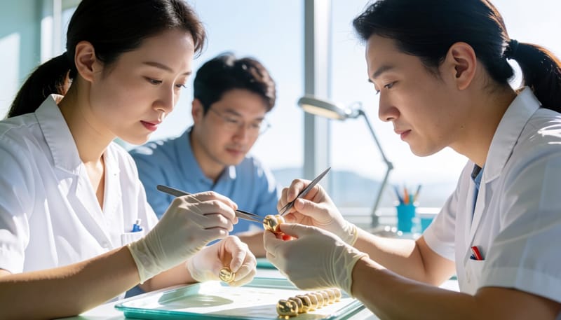 기공소에서 금 크라운을 살펴보는 모습