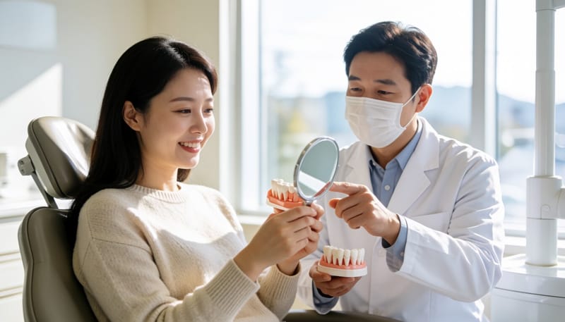 치과에서 크라운 재료에 대해 설명을 듣는 환자