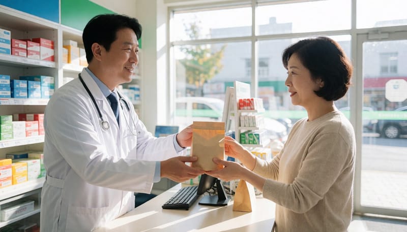 약국에서 약을 받는 중년 환자의 모습