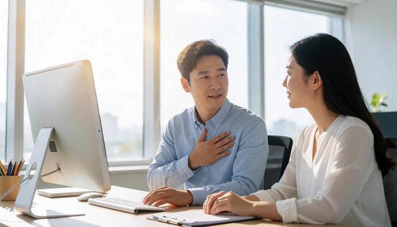 사무실에서 가슴을 붙잡고 숨을 고르는 직장인