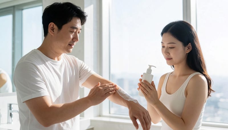 팔에 보습제를 바르는 모습