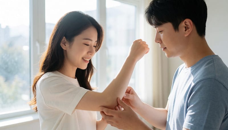팔꿈치 안쪽 피부를 살펴보는 여성의 모습