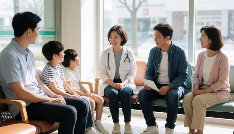 보건소에서 결핵 접촉자 검진을 기다리는 가족
