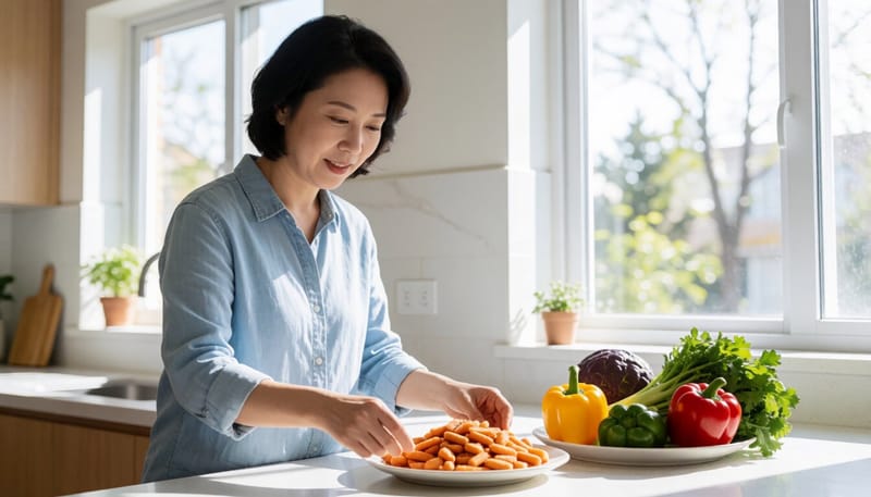 짠 음식과 채소를 두고 고민하는 여성의 모습