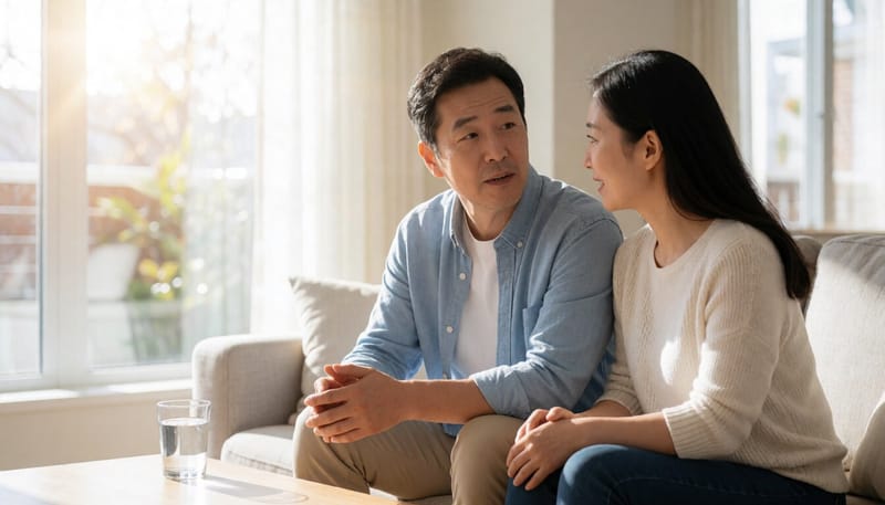 옆구리 통증을 호소하며 물컵을 바라보는 남성의 모습