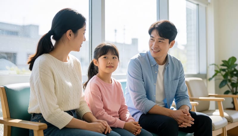 소아청소년과 대기실에 앉아 있는 어머니와 딸의 모습