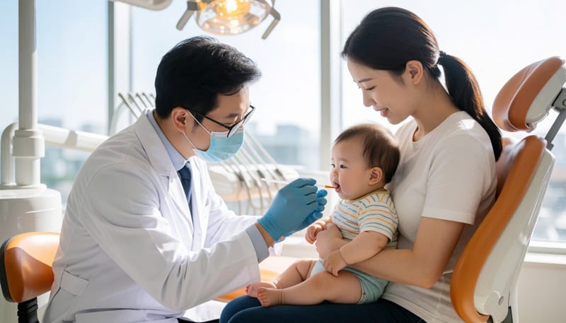 치과에서 불소도포를 받고 있는 아기의 모습