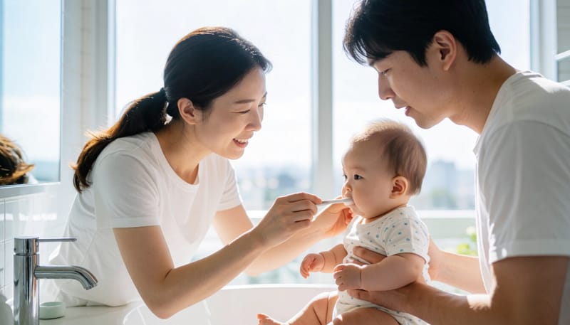 집에서 아기 치아를 닦아주는 보호자의 모습