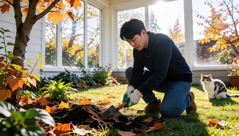 가을철 텃밭에서 장갑을 끼고 흙을 만지는 모습