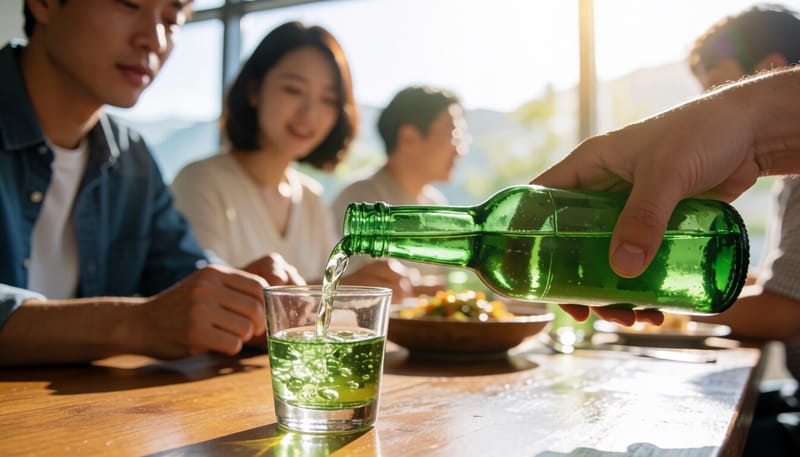 소주를 작은 잔에 따르는 모습