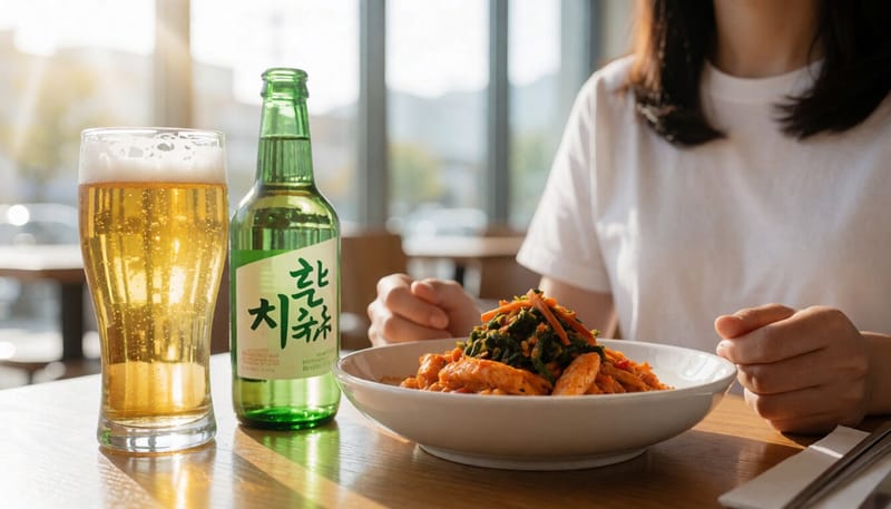 맥주잔과 소주병이 안주와 함께 놓인 테이블