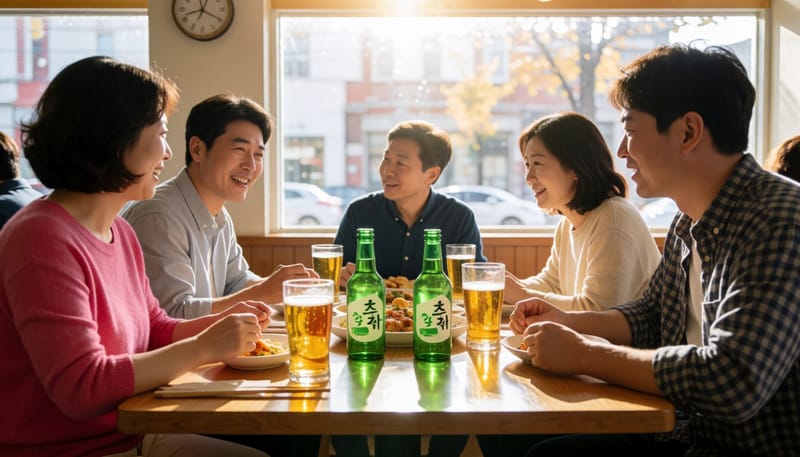 술자리 테이블에 소주와 맥주, 안주가 놓인 모습