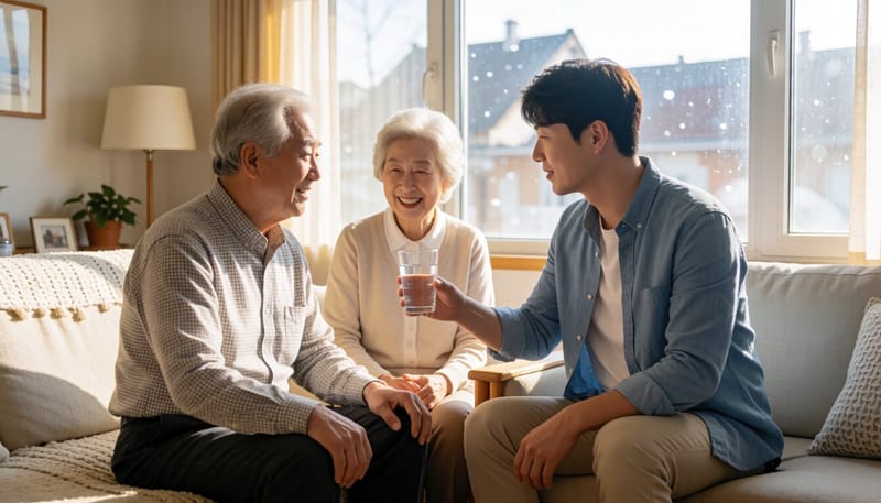 홀로 지내는 고령 아버지에게 물을 건네는 아들
