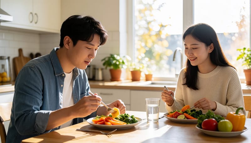 식사 중 채소와 물을 함께 섭취하는 모습