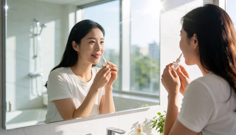 집에서 생리식염수로 코를 세척하는 여성