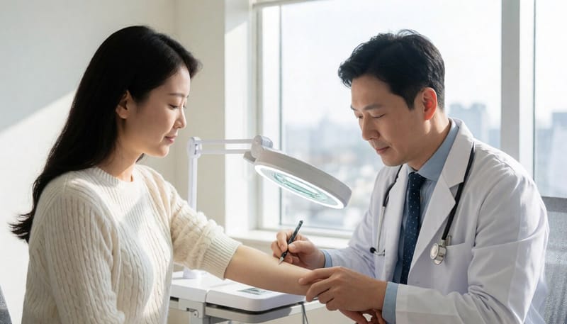 의사가 환자의 팔 피부를 살펴보는 모습