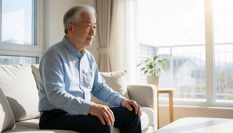 손을 무릎에 올린 채 안정 시 떨림을 보이는 노년 남성