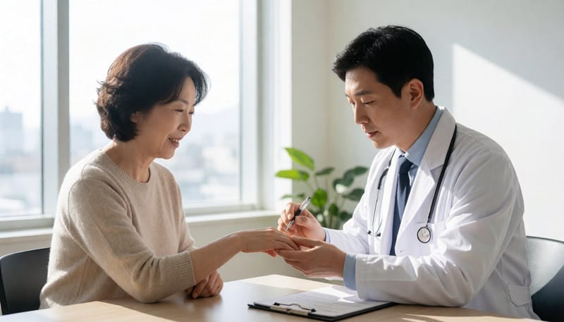 신경과 진료실에서 손떨림을 진찰받는 환자