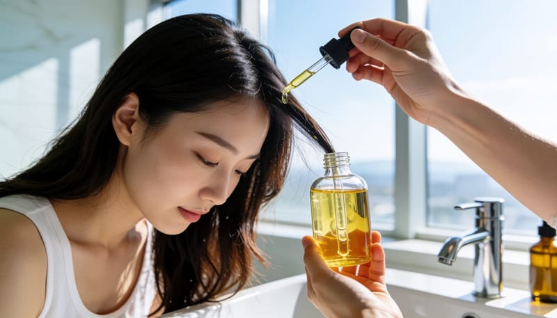 두피에 발모제를 바르는 여성의 손