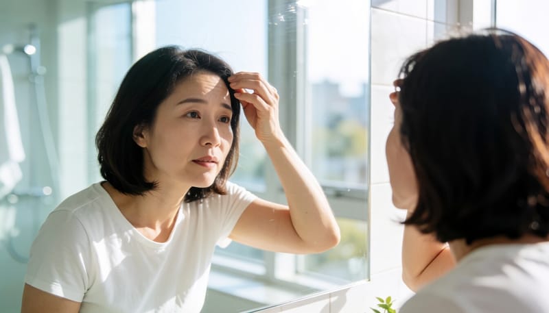 거울 앞에서 두피 상태를 살피는 여성의 모습
