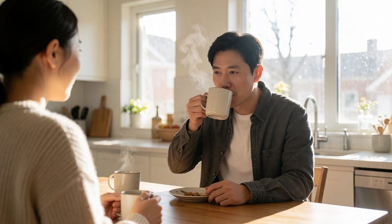 따뜻한 물을 마시는 남성의 모습