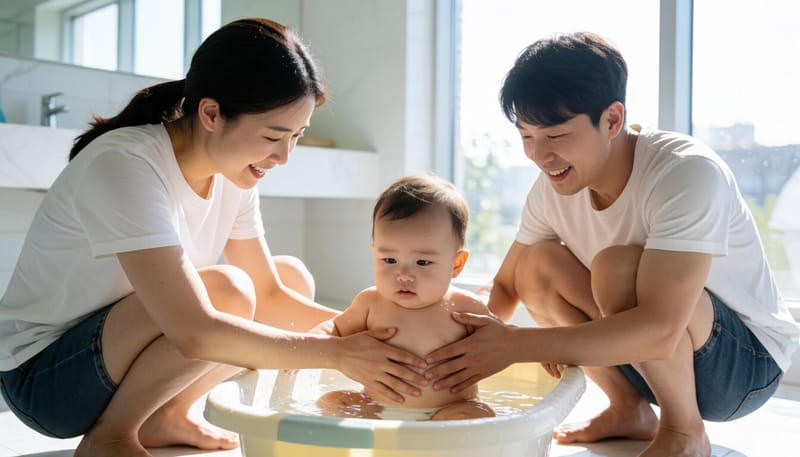 아기를 목욕시키는 엄마의 모습