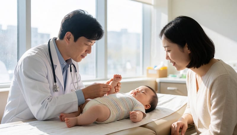 소아과에서 아기 피부를 살피는 의사와 보호자