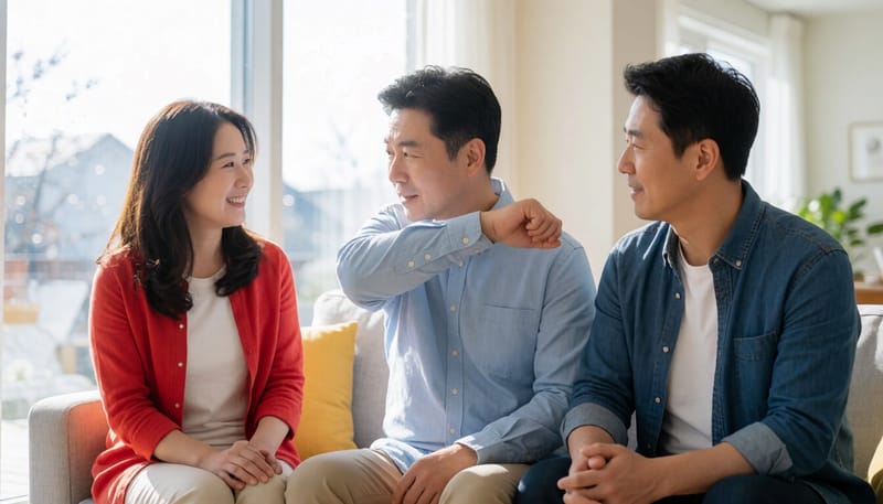 집 소파에 앉아 기침을 하는 중년 남성