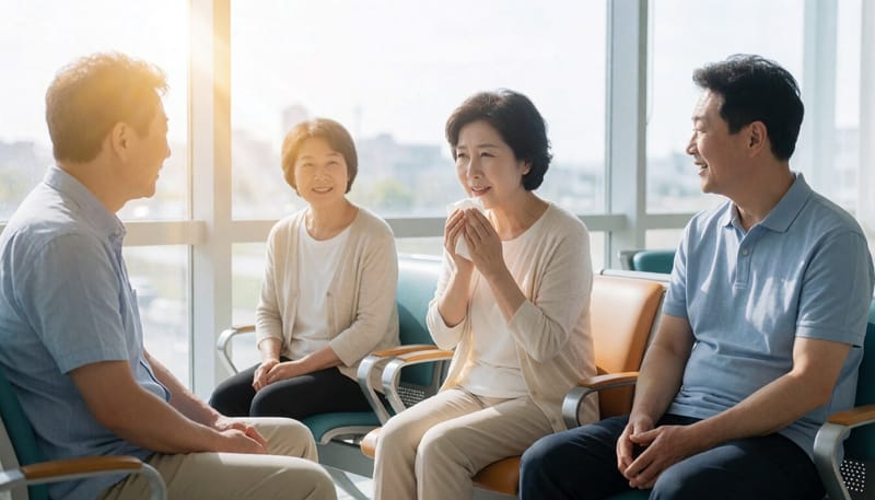 병원 대기실에서 기침을 하며 가슴을 감싸고 있는 중년 여성