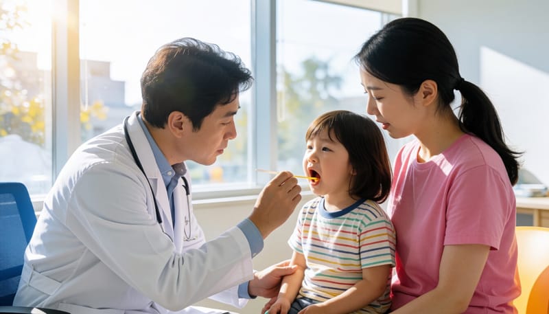 병원에서 목 상태를 진찰받는 아이