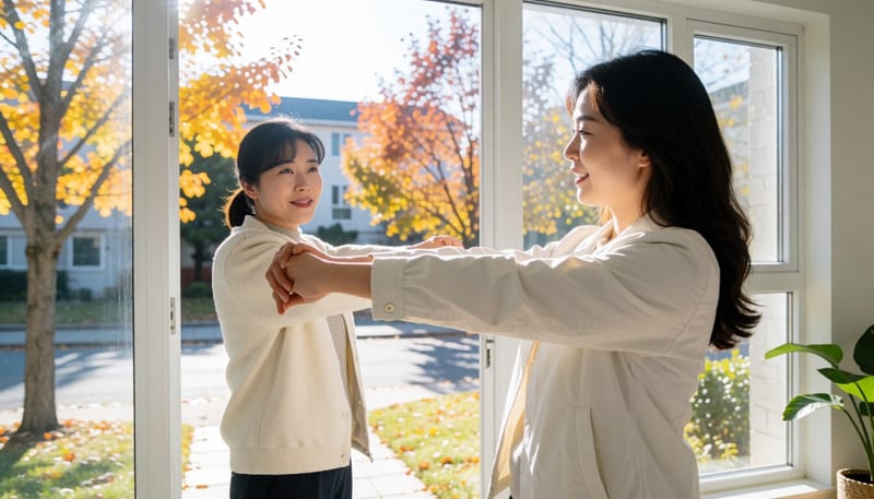 외출 전 현관에서 스트레칭하는 여성
