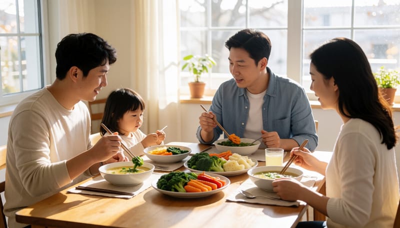 저염식 채소 반찬으로 식사하는 가족