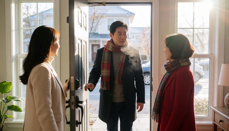 아침 찬 공기 속 외투를 입고 집을 나서는 중년 남성