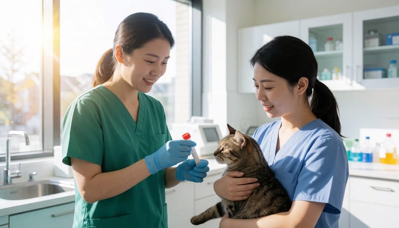 고양이 눈 분비물을 채취해 검사하는 동물병원 모습