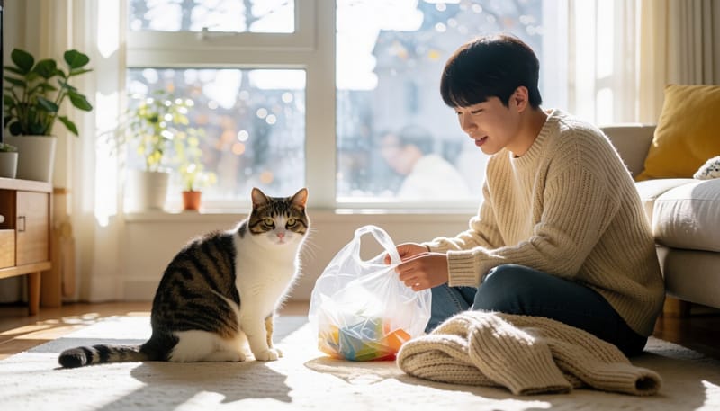 고양이가 비닐봉지와 옷 옆에 앉아 있는 모습
