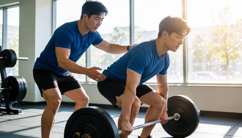 트레이너가 데드리프트 자세를 교정해주는 모습