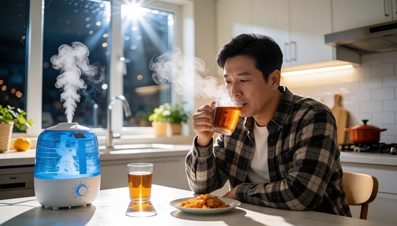 따뜻한 차를 마시며 기침을 완화하는 남성의 모습