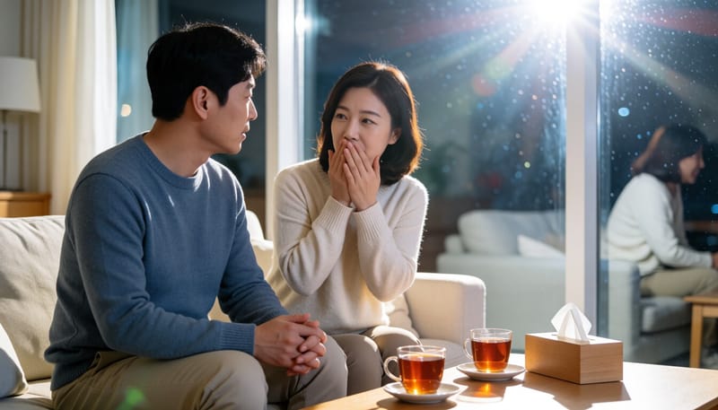 밤에 소파에 앉아 기침을 하는 여성의 모습