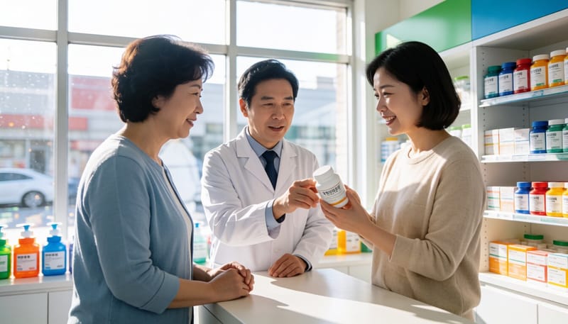 약사가 손님에게 영양제에 대해 설명하는 모습
