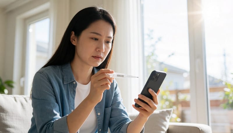 피로감을 느끼며 건강 앱을 확인하는 여성