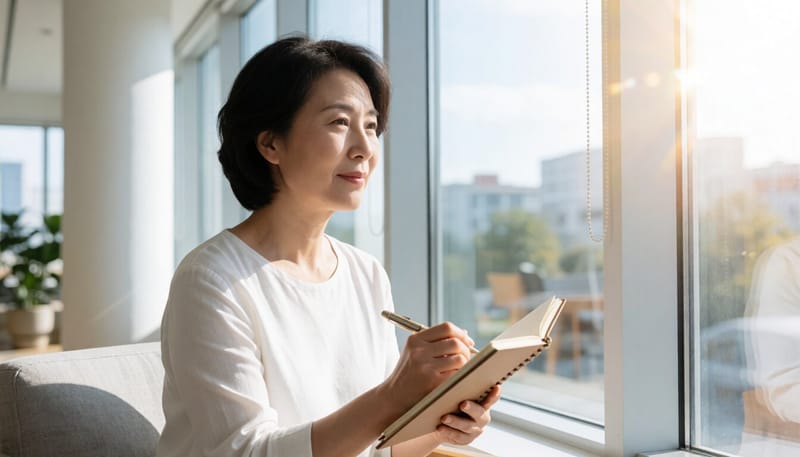 생리 주기를 수첩에 기록하는 중년 여성
