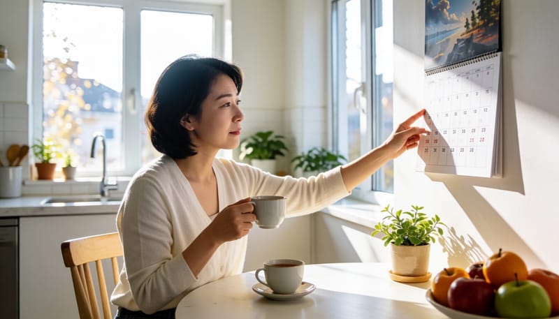 달력을 보며 생리 주기를 확인하는 여성