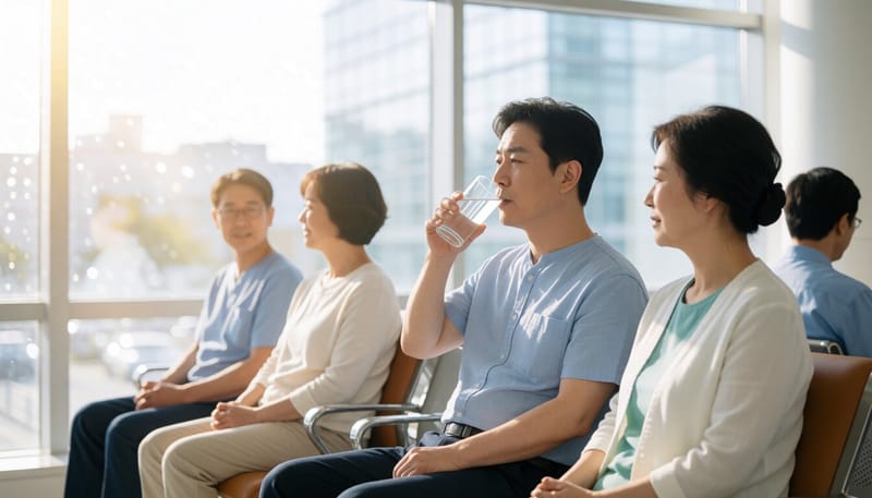 검사 후 수분을 섭취하며 휴식하는 환자의 모습
