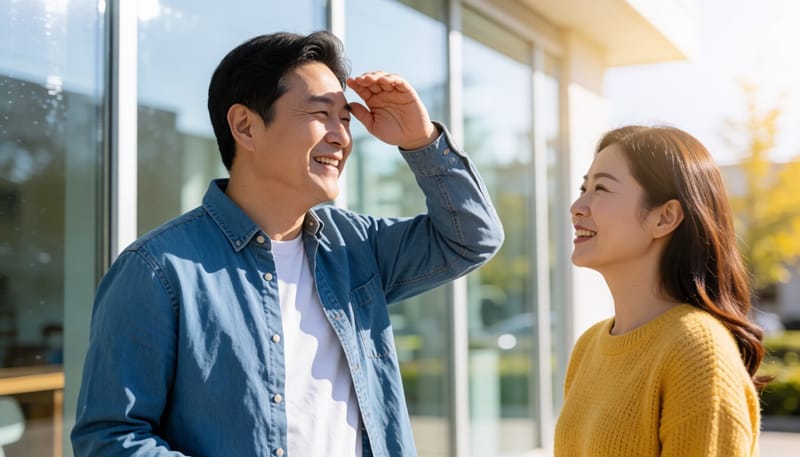 강한 햇빛 아래서 눈을 찡그리는 남성의 모습